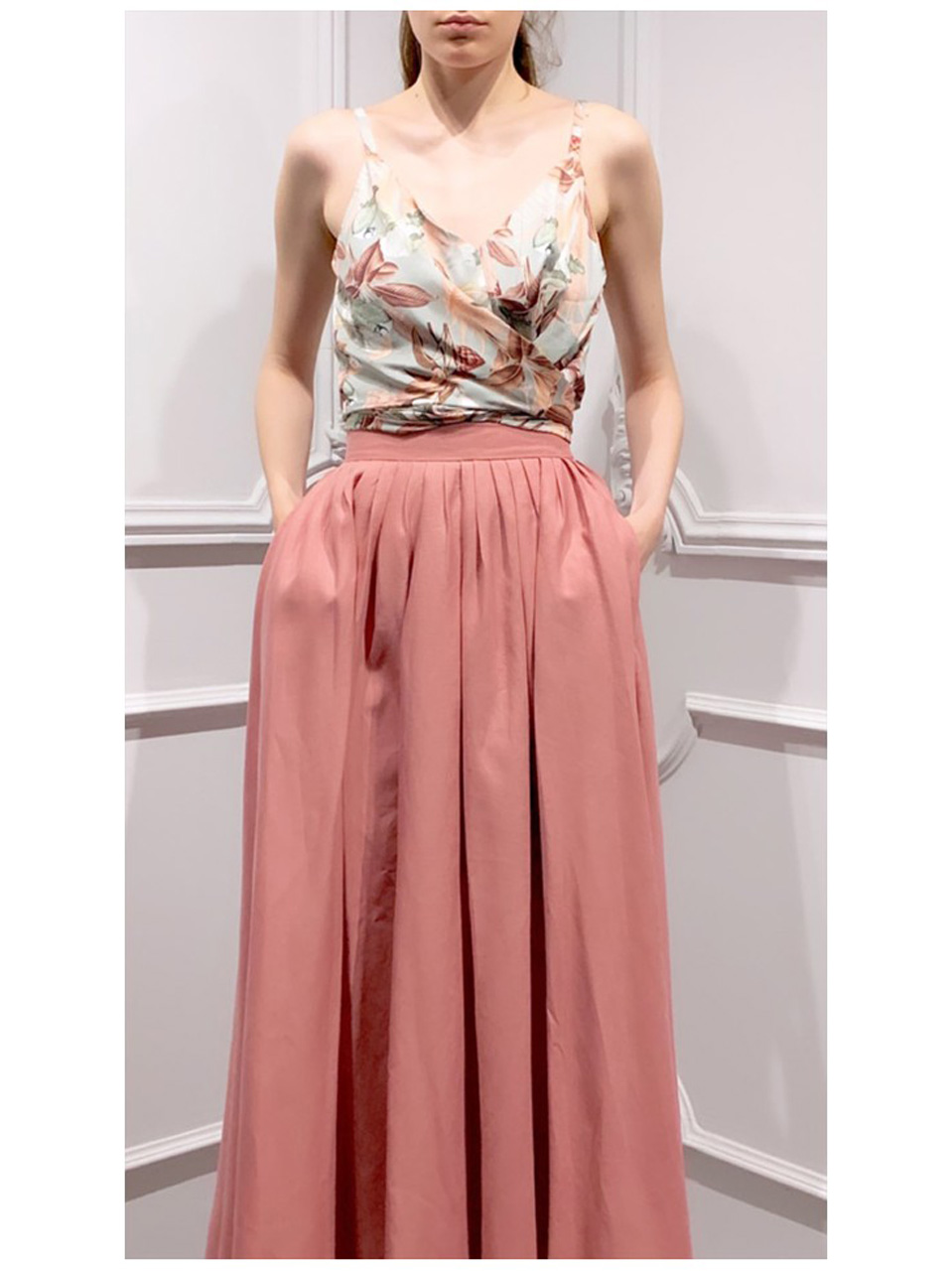 pink and white skirt set
