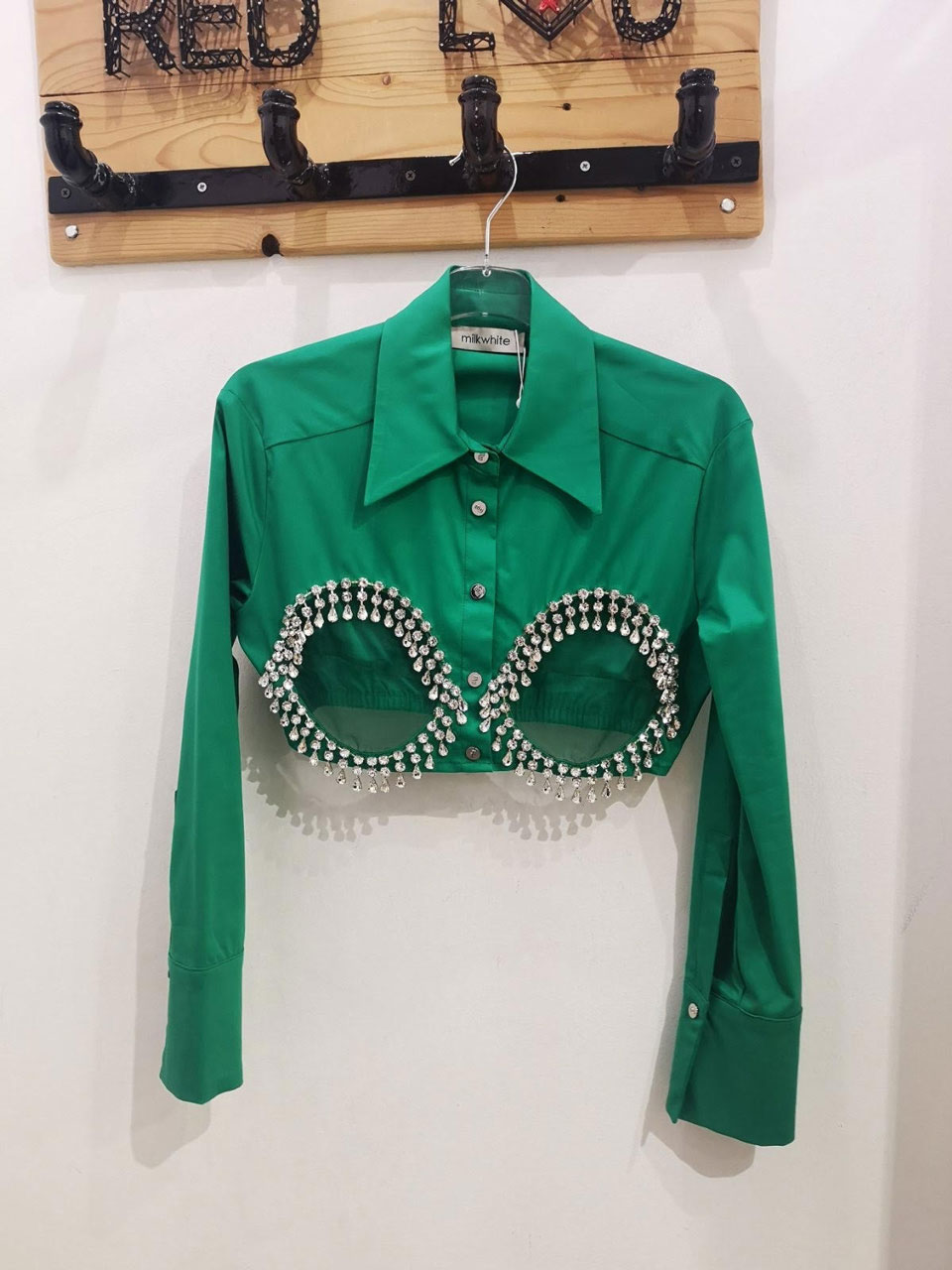 Milkwhite Cropped Shirt with Crystals Green
