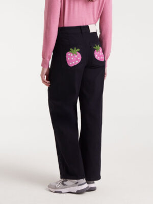 Compania Fantastica Black Jeans with Strawberry Embroidery