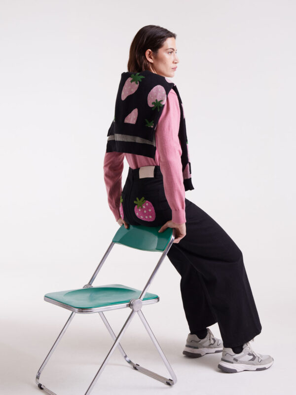 Compania Fantastica Black Jeans with Strawberry Embroidery
